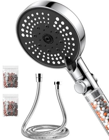 VOXON Duschkopf mit Schlauch 1.5M, Wassersparender Duschkopf mit Filter und 6 Strahlarten & Stoppfunktion, Handbrause mit schlauch druckerhöhend mit 3-Lagen-Filtration und zusätzlichen Steinen