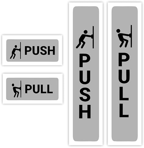 Two Pairs (4 pieces) Self-Adhesive Push Pull Door Signs for Commercial Premises (4 Pack Mixed Sizes) / Gloss Vinyl Sticker Push And Pull Signs For Doors/Removable And Wipeable (LIGHT GREY)