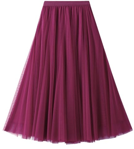 Tüllrock Damen A-Linie Elastischer Hoher Bund Midirock Mesh Großer Saum Langer Rock Elegant Faltenrock Sommerrock