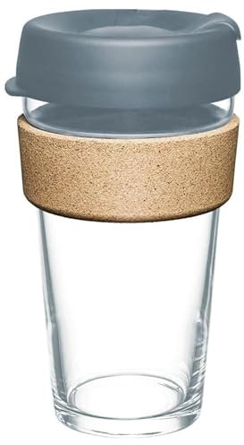 Reusable Glass Coffee Cup/Travel Mug with Lid - Heat Resistant Sleeve Surround Eco Friendly with Plugged Removable Lid (Grey 470ML Cork)