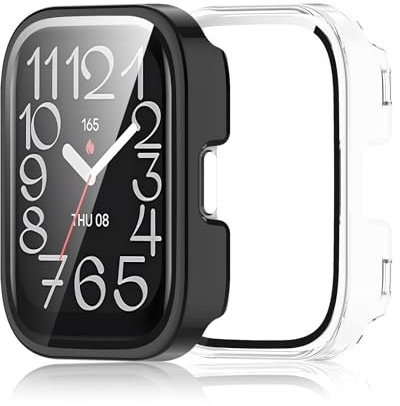 Haofun 2 Pezzi Cover per Amazfit Bip 5 Unity, con 9H HD Ultra Vetro Temperato Pellicola Protettiva, PC Protettiva Custodia, Protezione Completa - Trasparente + Nero