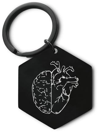 Halbes Gehirn, halbes Herz, Schlüsselanhänger mit Gravur, Schlüsselanhänger, ID-Tag, Pin, Schlüsselhalter, schwarz glänzend, One size