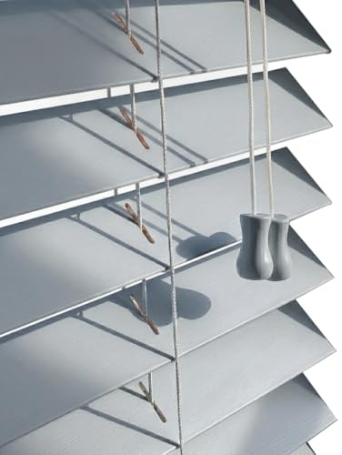 Ev Dekor Grey Wooden Venetian Blinds With String Design, 50mm Slats, Bathroom, Kitchen, Door, Window Blinds – 150 X 150cm