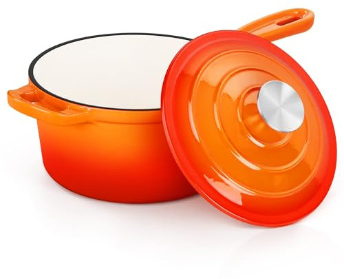 E-far Enameled Cast Iron Sauce Pan, 2 Quart Dutch Oven Saucepan with Lid, Small Sauce Pot for Cooking, Boiling, Healthy & Non Toxic, Induction & Oven Safe, Orange