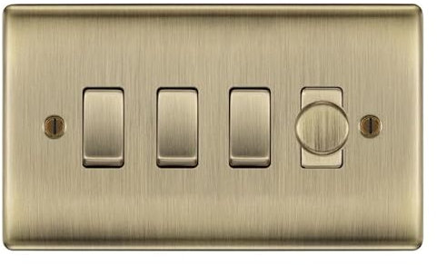BG Antique Brass 4 Gang Switch 1x Trailing Edge LED Dimmer 3x 2 Way Custom Grid Switch