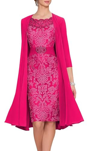 2 PCS Mother of Bride Dresses with Jacket Mother of The Groom Dress Laces Chiffon 2-Pieces Formal Evening Gowns Fuchsia