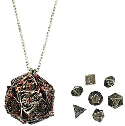 Mini-DND-Würfel-Set aus Metall mit Totenkopf, hohl, D20-Kette, antikes kleines Metallwürfel-Set, D&D, tragbar, 7-teiliges Würfel-Set, blutig