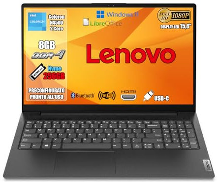 Lenovo Pc Portatile, Notebook Intel N4500, Ram 8Gb, SSD 256Gb, FHD 15.6, Ingresso Lan, Hdmi, Usb Type-C, Win 11 Pro, Wi-Fi, Computer Portatile, Laptop Mouse WiFi Omaggio