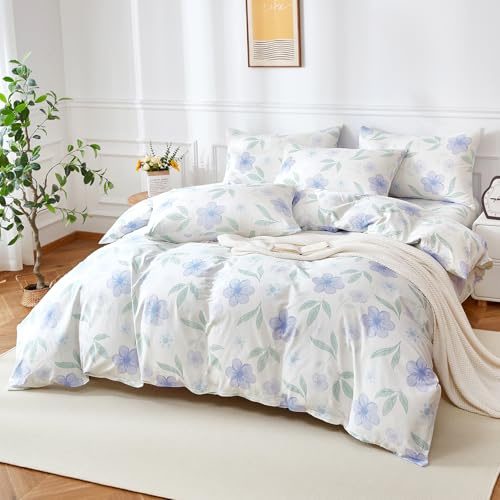YASMENG Housse de Couette 140x200 Coton Motif de Fleurs Violet Parure de Lit Coton Câlin Doux Respirant Linge de Lit 1 Personne pour Fille avec Fermeture Éclair et Taie d'oreiller 65x65 cm