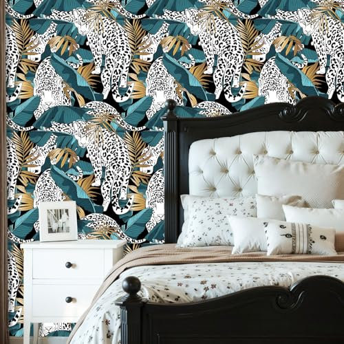 Peel and Stick Wallpaper Seamless Jaguars blue green Tropical banana gold exotic palm leaves Removable Wallpaper Contact Paper for Living Room Bedroom Bathroom Kitchen Countertop 45cm x 300cm