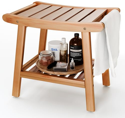 Bamboo Shower Bench for Inside Shower to Sit on,Waterproof Shower Stool for Shaving Legs,Spa Bathroom Shower Chair with Storage Shelf, Bathroom Bench Seat for Senior Adult Disabled Elderly