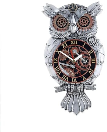 XFDZQQG Wanduhr Steampunk Eule,Eulen Pendeluhr Kunstharz Wandschnitzerei Geräuschlos,Eule Zahnräder Wanduhr Dekouhr Metall Imitat Batteriebetriebenes