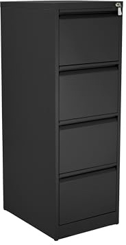 The Workplace Depot Filing Cabinet – Lockable 2, 3 or 4 Drawer Steel Storage Unit in Black, White or Grey with Adjustable Hanging Rails, Space-Saving Organiser for Home & Office (Black, 4 Drawer)