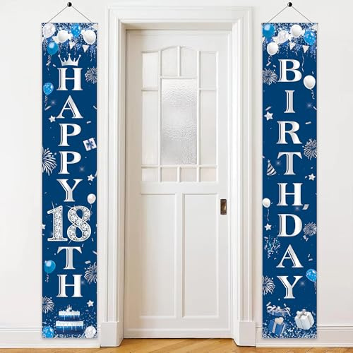 18th Birthday Decorations Banner Boys - Happy 18th Birthday Party Door Porch Sign, Blue Silver Door Banners for 18 Years Old Party Decoration Supplies
