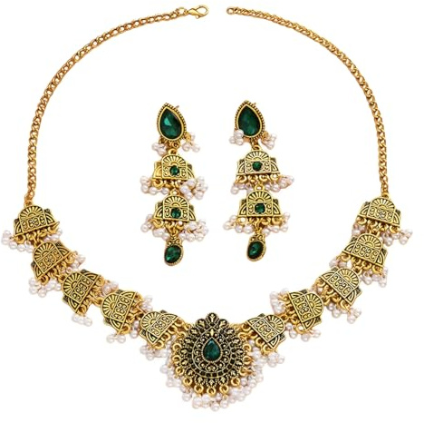 IMINI Antique Gold Plated Indian Jewellery Set - Adjustable Pearl Bead Tassel Choker Necklace & Matching Dangle Earrings for Women, Bollywood Festival & Wedding Gift in Gift Box