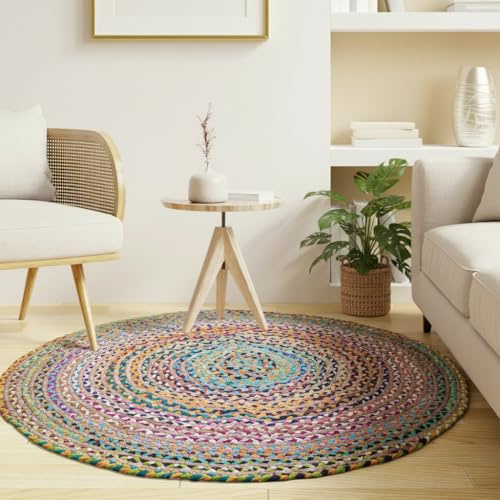 Craft Trade Bunt Boho Jute Teppich Reversibel Geflochten Handgewebt Rund Flickenteppich für Küche Wohnzimmer und Schlafzimmer- 180 cm