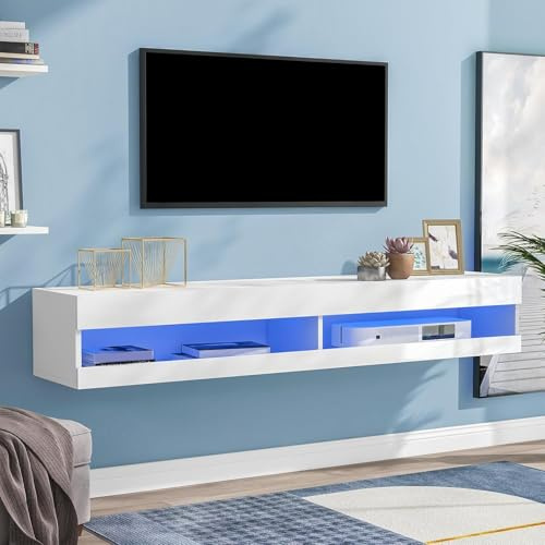 TUPOSTAR TV Stand Cabinet with LED Lights, Floating TV Unit Entertainment Center Media Console, Wall Mounted High Gloss Modern Storage Shelf,White