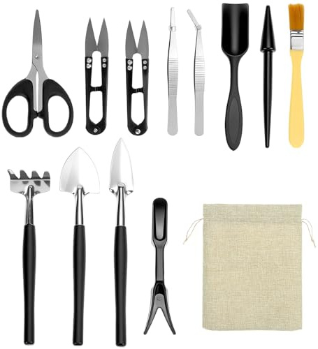 QWORK® 13 Piezas Herramientas para Bonsái, Completo de Mini Jardinería para Suculentas, Cactus y Plantas de Interior – Set de Trasplante y Poda con Bolsa de Almacenamiento y Tijeras