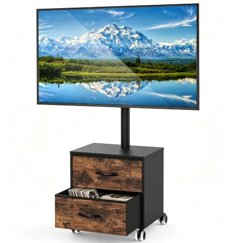 5Rcom TV Stand on Wheels for 32-60 inch LED LCD OLED Plasma Flat Curved TVs, Height Adjustable TV Cabinet With Bracket up to 40kgs, Mobile TV Stand with Drawers Max VESA 400x400mm (Black)