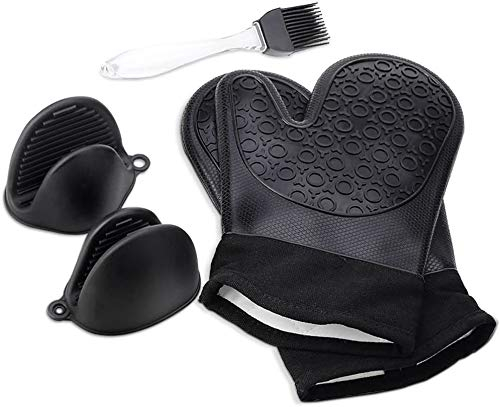 Jonhen Lot de Gants Professionnels résistants à la Chaleur, Doublure en Coton matelassé, Ensemble Comprenant des Gants à Four et Un Dessous de Plat, Livrés avec Une Brosse (Noir), Taille Unique