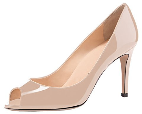 Elashe Peep Toes Damen Pumps High Heels Sexy Kleid Schuhe Stiletto Absatz Slip On Pumps Elegant für Hochzeiten Lack Beige EU45