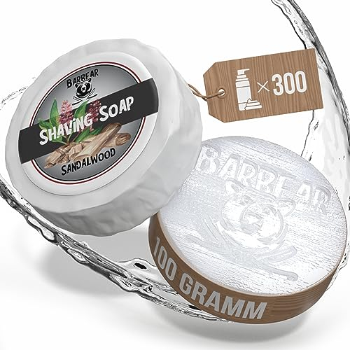 Barbear | Rasierseife de Luxe | 100g Jumbo Size | Vegane Rasiercreme-Alternative | Handgefertigt in Seifenmanufaktur | Power Formel für dichten Rasierschaum (Sandalwood)