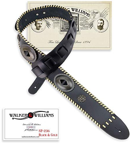 Walker & Williams SP-236 Gitarrengurt aus italienischem Leder, mit Conchos und Goldverzierungen, Schwarz