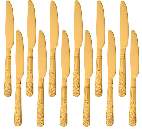 Buyer Star Dinner Knives 12 Piece, Stainless Steel Gold Table Knife, Steak Knives Cutlery Set for Home Kitchen and Restaurant, 24cm