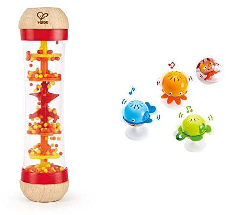 Hape Juego de Sonajeros Adhesivos, Tres Juguetes Sonajeros Adhesivos de Animales Marinos & Hape Palo de Lluvia, Mini Juguete Musical de Madera Palo de Lluvia y Sonajero, Rojo