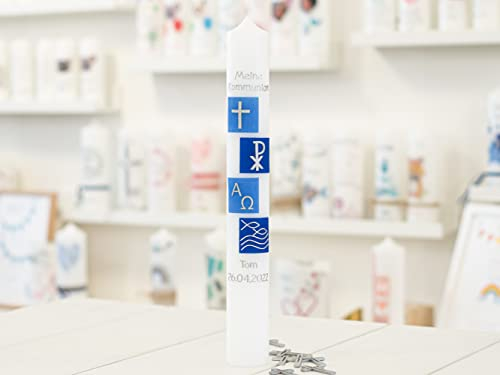 meinkerzenshop Kommunionkerze Thomas personalisiert mit Name und Datum, individuell und mit Echtwachs handverziert für Junge und Mädchen