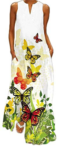 WINKEEY Vestito Lungo da Donna Stampa Floreale Farfalla Elegante Estivo Bohémien Etnico Vestito Taglia Grossa Senza Maniche con Tasca