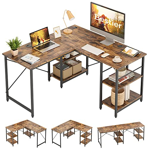 Bestier L-förmiger Schreibtisch mit Regalen Reversibel Eckschreibtisch 220CM Industrieller Langen Tisch Stabil Schreibtisch L Form Computer Workstation mit 3 Kabellöchern