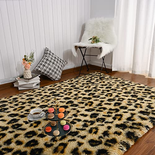 Amearea Flauschiger Leoparden-Teppich, hochwertiger Geparden-Druck, weicher, bequemer Kunstfell-Tierteppich für Kinderzimmer, Schlafzimmer, Wohnzimmer, zotteliges Jugendzimmer, Heimdekoration, Khaki,
