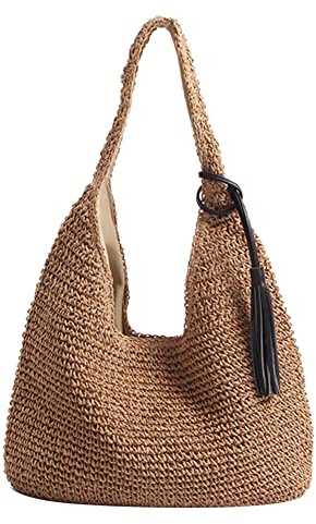 JQWSVE Strohtasche für Frauen Sommer Strandtasche Weich Gewebt Tote Bag Große Rattan Umhängetasche für Urlaub, Unregelmäßiges Braun