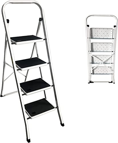 Escalera de Peldaño Plegable de 4 Peldaños Hierro 150 kg para Cocinas, Casa, Exteriores, Adultos