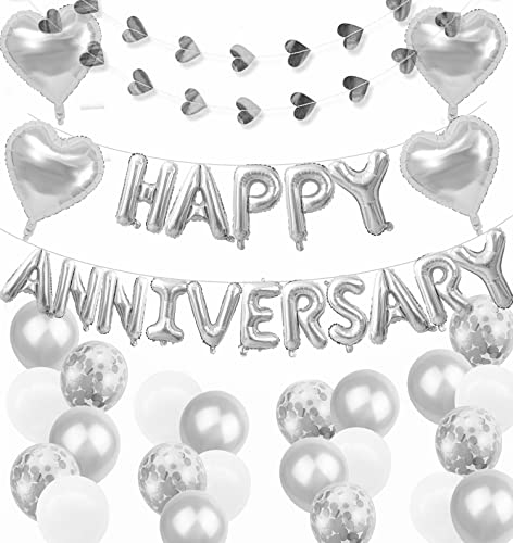 Elicola Happy Anniversary Ballons Banner Wimpelkette Herz Luftballons Herz Wimpelkette Banner und 24 Stück Latex-Ballons für Hochzeit, Jahrestag, Liebe, Party und Jubiläum, Party-Dekoration, Silber