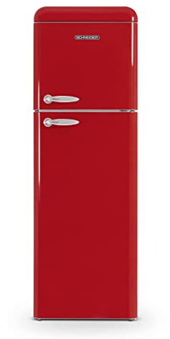 SCHNEIDER SCDD309VR, Réfrigérateur 2 portes Vintage, 302L (227+75), Froid brassé, 3 clayettes verre, Pose libre, Thermostat réglable, Rouge