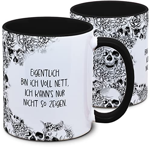 Tasse Totenkopf und Spruch: Eigentlich bin ich voll nett, ich kann´s nur nicht so zeigen., Skull, Schädel, Gothic, Grunge, schwarz