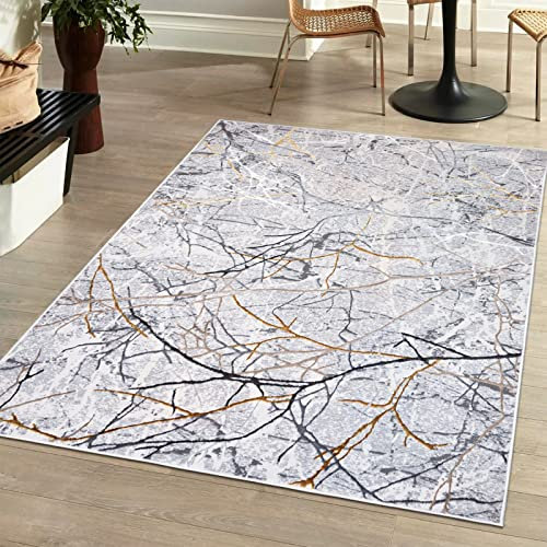 Mazovia Modern Teppich Wohnzimmer, Kurzflor elegant glänzender - Abstrakt Design - Wohnzimmerteppich in Grau Silber mit Gold 140 x 200 cm
