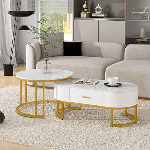 BTM Table Basse Ronde, Tables Gigognes Doré ES avec 1 Tiroir, Set de 2 Table d'appoint pour Salon et Chambre à Coucher Balcon, Pieds d'or, Blanc