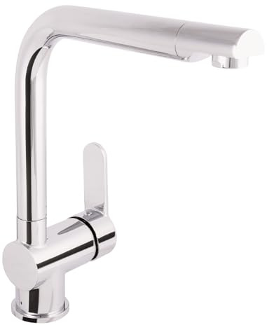 aquaSu® Spültischarmatur Sanmix Style, Einhebelmischer mit Wasserspar-Kartusche, Kaltstart-Funktion, Wasserhahn für Spüle, Auslauf schwenkbar, Befestigung von oben, Messingkern, chrom, 795944