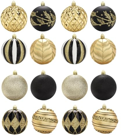 Tainrunse Saisonale Partydekorationen, 16 Stück, Baumkugeln, Ornament, DIY-Zubehör, bruchsicher, 8 cm, farbig Bedruckte Kunststoffkugel für Urlaubsszene Schwarz golden 8 cm