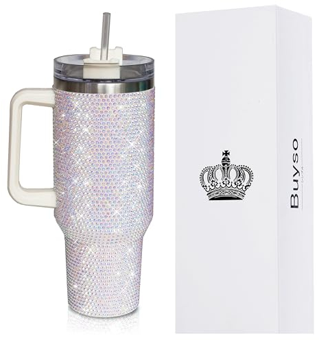 Buyso Glitzernder Becher mit Griff, Strass-Becher mit Deckel und Strohhalm-Befestigung für Auto-Becherhalter, isolierter Edelstahl, doppelwandig, Wasserbecher, Reisebecher für Damen, 1,2 l, Weiß
