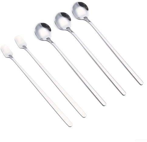 HEIBTENY 6 cucharillas de acero inoxidable con mango largo, para mezclar hielo, café con leche, café, cuchara redonda, cuchara cuadrada (plateada)