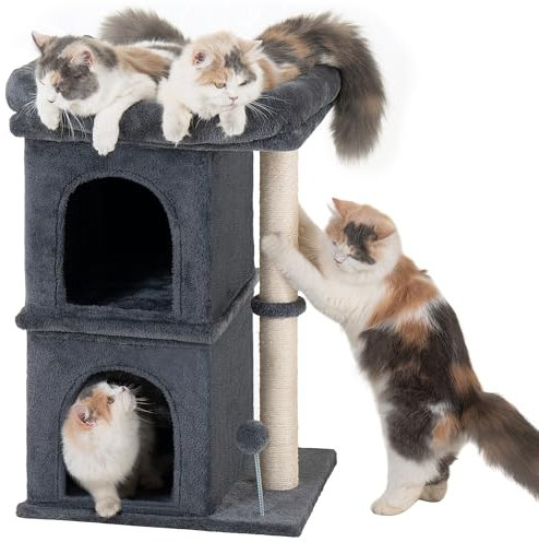 Aechonow 61cm Cat Tree Tower For Large Adult Cats, 48 * 40cm Big Window Perch Bed, 2 Cat Condos House for Indoor Kittens, Natural Sisal Scratching Post, Dark Gray