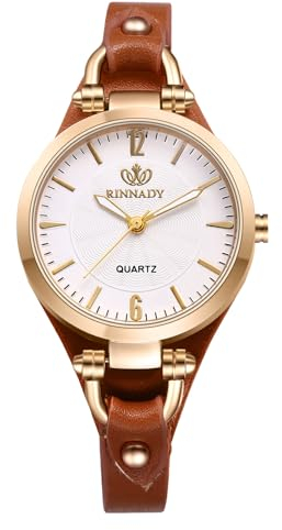 JewelryWe Uhren Damen Leder Klein: Braun Vintage Klassische Analog Quarz Armbanduhr Frauen Geschäft Lässige Uhr Damenuhr mit Punk Schmal Dünnem Leder Armband