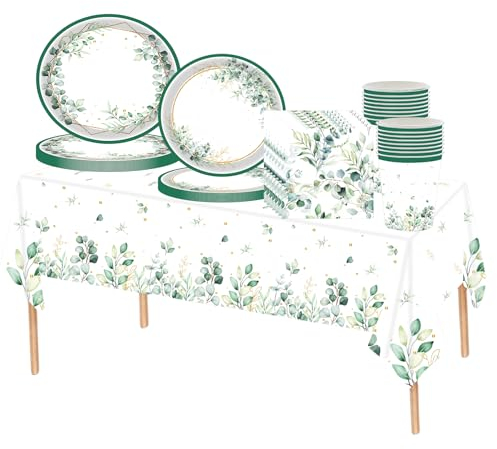 69Pcs Sage Green Party Tableware Set,Eucalyptus Leaf Plastic Table Cloth,Paper Plates,Napkins and Cups for Birthday Baby Shower Boho Wedding Engagement Baptism Sage Green Party Supplies Decorations
