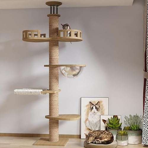 Árbol grande para gatos de 8 niveles de suelo a techo, altura ajustable, cápsula espacial, plataforma de salto para gatos, poste rascador de cuerda de sisal natural, cama acogedora, juguete