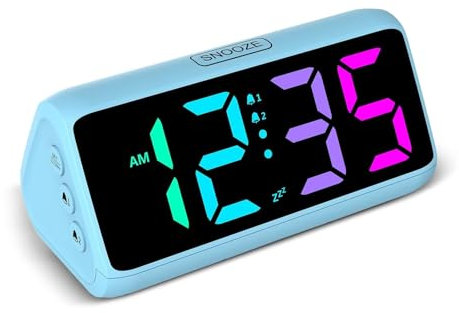 Netzu Reloj Despertador Fuerte para Personas Que Duermen pesadamente, Relojes Despertador RGB para dormitorios y niños Mayores, Reloj Digital enchufable con 5 atenuadores, 2 alarmas Azul