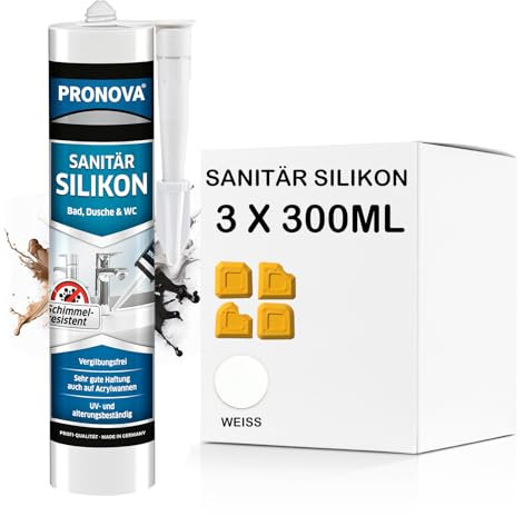 Sanitär Silikon - schimmelresistent für Dusche und Bad, lösungsmittelfrei 300ml Kartusche (3, Weiß)